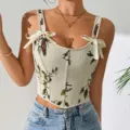 French vintage floral tapestry corset cami top with cute bow straps and sweetheart neckline. - S / Apricot