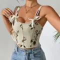 Vista detallada top corto de corsé floral con lazo francés para mujer, camiseta estilo retro. - S / Tops / Albaricoque