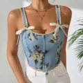 Französisches florales Korsett Top mit süßen Schleifenbändern, sexy schmale Passform. - S / Hellblau