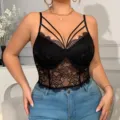 Plus size black lace camisole top, sexy boned corset with delicate straps for women. - 3XL / Black