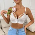 Détail haut caraco dentelle blanche, design col V sexy, tissu dentelle florale fine. - S / Blanc