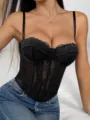 Black lace corset top detail, sexy slim-fit bustier showing exquisite floral patterns and strap design. - Black