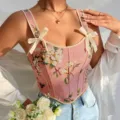 French floral corset top for women, featuring cute bow straps and vintage print. Slim fit. - Pink