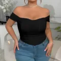 Schwarzes schulterfreies Korsett-Top mit Fischbeinen im Detail, trendiger Plus-Size-Bustier. - 1XL / Schwarz