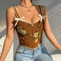 Top corsé floral vintage francés para mujer, elegante camiseta con mariposas y lazos dulces. - Marrón
