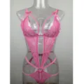 Sexy body lingerie en dentelle rose avec des nœuds mignons et des bretelles découpées pour femmes. - M / Hauts / Rose