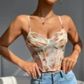 Femme vintage imprimé corset haut sexy mesh caraco mode dos nu gilet streetwear été - S / Abricot (avec armature, sans rembourrage)