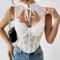 White lace corset top women sleeveless hollow out bow tie summer sexy slim fit tank top - XS / White