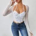 Sexy white strappy sequin corset top with sheer mesh long sleeve for women summer fashion apparel. - S / White
