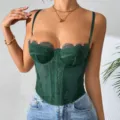 Dark green lace corset top for women, sleeveless spaghetti strap bustier with sheer mesh. - Dark Green