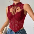 Top corsetto in pizzo rosso, gilet in pizzo senza maniche halter, top sexy aderente da donna - Borgogna