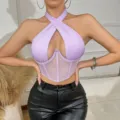 Detailed view of the stylish purple halter mesh corset crop top showcasing unique strap design. - L / Light Purple