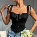 Zwarte korset crop top met strikbandjes, vetersluiting aan de voorkant voor dames. - S / Zwart