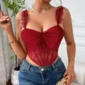 Sexy rode kanten korset top met strik, mouwloze bustier voor dames in de zomerdracht. - S / Tops / Bordeauxrood
