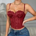 Burgundy lace bustier corset top featuring a stylish sweetheart neckline and slim fit design. - XS / Tops / Burgundy