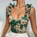 Green floral print bustier top with ruffles and boning, stylish summer detail view. - S / Green (With Underwire, With Padding)