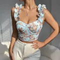 Chic floral printed V-neck boned corset top with ruffles, stylish summer slim-fit apparel. - Light Blue (With Underwire, With Padding)