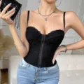 Black lace corset top for women, sexy sweetheart neckline with front hook and eye closure. - XS / Black