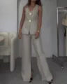 2024 New Summer Women Solid V-Neck Sleeveless Vest Wide-Leg Pants Casual Two-Piece Suit Chic - S / Top And Bottom / Gray
