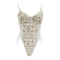Sexy floral embroidered mesh sheer lace bodysuit with spaghetti straps and side lace-up ties. - 3XL / White (Wireless, No Padding, Snap Closure at Crotch)