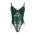 Dark green floral embroidered mesh sheer lace bodysuit sexy lingerie for women adjustable straps - S / Dark Green (Wireless, No Padding, Snap Closure at Crotch)