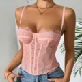 Pink sheer lace boned corset top, sexy slim fit bustier camisole with adjustable straps. - Pink