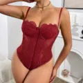 Sexy red lace bustier bodysuit with underwire, sheer mesh panels and elegant camisole straps. - XS / Burgundy