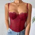 Sexy red lace corset top with boning and eyelash trim, sheer camisole for women stylish wear. - Burgundy