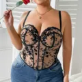 Plus size floral lace corset top underwire boned camisole sexy bustier lingerie for women - 1XL / Brown