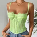 Neon green sheer lace corset camisole with boning support and delicate eyelash lace trim. - Avocado Green