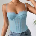 Light blue lace corset top, sheer boned bustier camisole with delicate eyelash trim. - Sky Blue