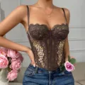 Sexy leopard print lace boned corset top with adjustable straps and sheer overlay for women. - Leopard Print