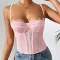 Sexy pink lace corset bustier top with boning, sheer mesh fabric and adjustable spaghetti straps. - Light Pink