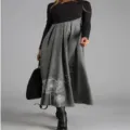 Long sleeve colorblock patchwork maxi dress with dandelion print, elegant autumn wear. - S / Gray