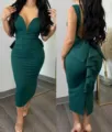 Robe midi moulante vert foncé col V profond dos nu nœud élégante pour soirée. - S / Vert