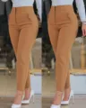 High-waisted slim fit suit trousers detail view, casual commuting cropped pants design. - S / Bottoms / Bronze