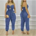 Vrouwen blauwe denim look ketting bandje jumpsuit mouwloos taille geplooid lange broek. - S / Denim Blauw
