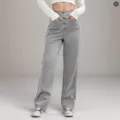 Detail view of high-waist straight-leg casual trousers with front pockets and buttons. - S / Bottoms / Light Gray