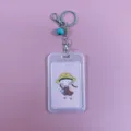 Transparent plastic card holder keychain with cute cartoon girl card and blue bell charm - 1 Braided Girl