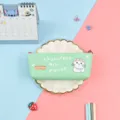 Green PU pencil pouch with cute cat print, large capacity triangle stationery bag for students. - Green