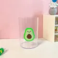 Cute transparent plastic pen holder with avocado sticker, clear desk organizer for student stationery. - Avocado