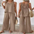 Detail view of stylish khaki two-piece outfit featuring hollow-out crochet back design. - S / Top And Bottom / Dark Khaki