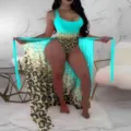 Women turquoise leopard print one piece swimsuit with matching beach sarong wrap. - S / Set / Turquoise