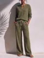 Detailed view of the women casual waffle knit two piece set in olive green featuring long sleeves. - Army Green
