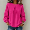 Detailansicht Damen Waffeloptik Langarmshirt mit Falten vorne und schicken Laternenärmeln. - S / Fuchsia