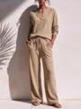 Women waffle knit loungewear set casual two piece long sleeve top and wide leg pants outfit. - Khaki