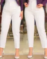 Detail shot of women's high-waisted slim fit cropped suit pants in crisp white color style. - S / Bottoms / White