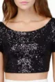 Black sequin crop top for women, sexy short sleeve scoop neck sparkling party t-shirt. - S / Tops / Black