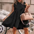 Details of the summer casual sleeveless pleated solid color crew neck long dress in black. - S / Dresses / Black