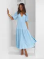 Light blue V-neck midi dress detail showing puff sleeves and waist cinching design. - S / Dresses / Sky Blue